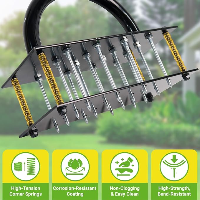 Manual Lawn Aerator Tool – Spring-Loaded Self-Cleaning Soil Loosener with 16 Steel Spikes – Heavy Duty Spike Aerator for Compacted Lawns & Grass Root Growth