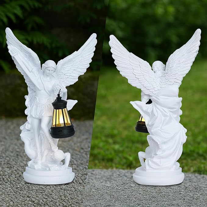 Dlfghos St Michael The Archangel Solar Outdoor Garden Decor Statues–12 in Miguel Arcangel Statue Solar Outdoor Sculptures for Outside Yard Patio Balcony Front Lawn Decor