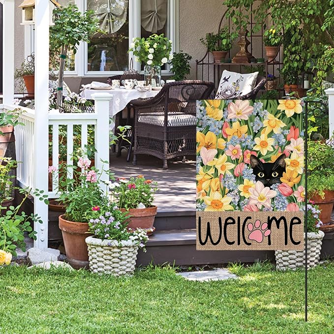 AVOIN colorlife Spring Floral Garden Flag 12x18 Inch Double Sided Outside, Black Cat Welcome Seasonal Yard Outdoor Flag