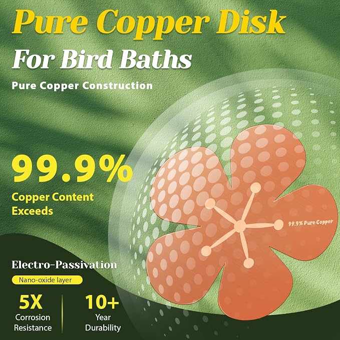 3Pcs Bird Bath Copper Purification Disk 99.99% Pure Copper Water Cleaning Discs 0.6mm Physical Clean Water for All-Season Universal Natural Fit for Outdoor Birdbaths, Bowls, Garden Fountain(Flower)