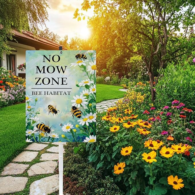 Pollinator Garden No Mow Zone Bee Habitat Yard Sign With Stakes Do Not Mow Save Bees Garden Stake Reflective Rustproof Aluminium No Mow May Signs Outdoor 8X12 IN