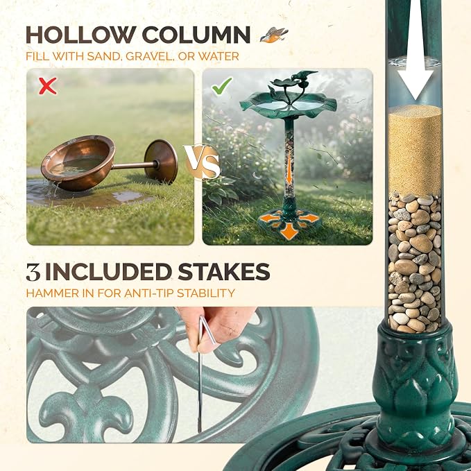 VINGLI Pedestal Bird Bath 28 Inch Antique Copper Resin Birdbaths Weather Resistant Floral Accents and Vintage Finish Garden Decor for Outdoor Lightweight Courtyard… (Green-with Bird Feeder)