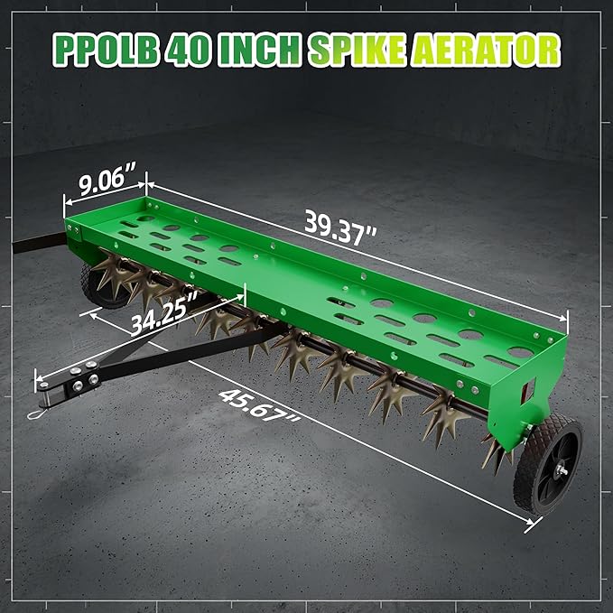 40" Spike Aerator Tow Behind, Lawn Aerator Tow Behind with Universal Hich, Green Galvanized Steel and Includes a Pallet Capable of Supporting 280 Pounds, Pull Behind Aerator for Garden, Farm and Lawn