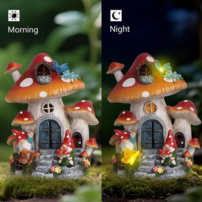 Hodao Spring Garden Mushroom Gnomes Decorations Mushroom House Ornaments Decor for Porch, Garden Yard Spring Lighting House for Outdoor Decor Birthday Gifts for Mom, Grandma,Women