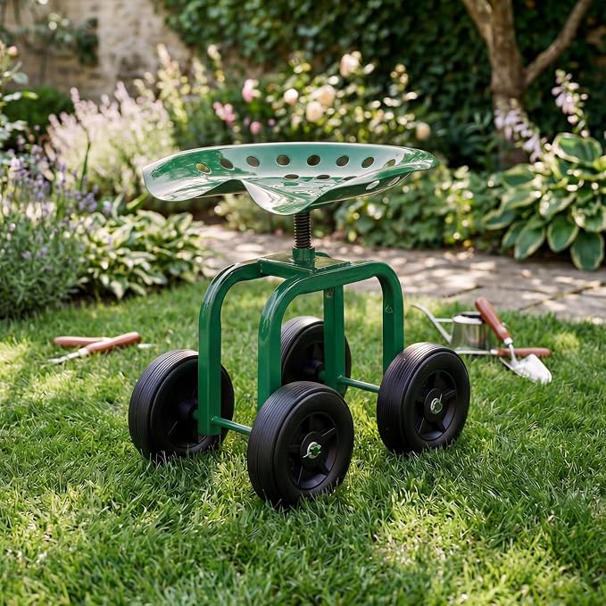 IRONMAX Garden Cart with Seat, Gardening Rolling Stool Scooter with Wheels & Ergonomic Seat for Planting, Wheeled Outdoor Gardening Work Seat for Patio, Yard, Garden (Black)