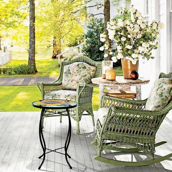Butterfly Sunflower Small Patio Table,Outdoor Side Table,Outdoor Bar Tables,Metal Glass End Table for Porch Garden Yard Living Room Valentine Decor, 10 Inch Table, Valentine Decoration Gift