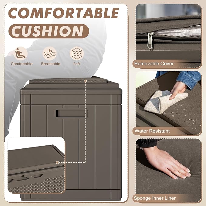 Devoko 100 Gallon Deck Box, Waterproof Resin Outdoor Storage Box with Cushion for Outside, Large Outdoor Storage Bench Cabinet Lockable for Patio Furniture and Garden Tools (Brown)