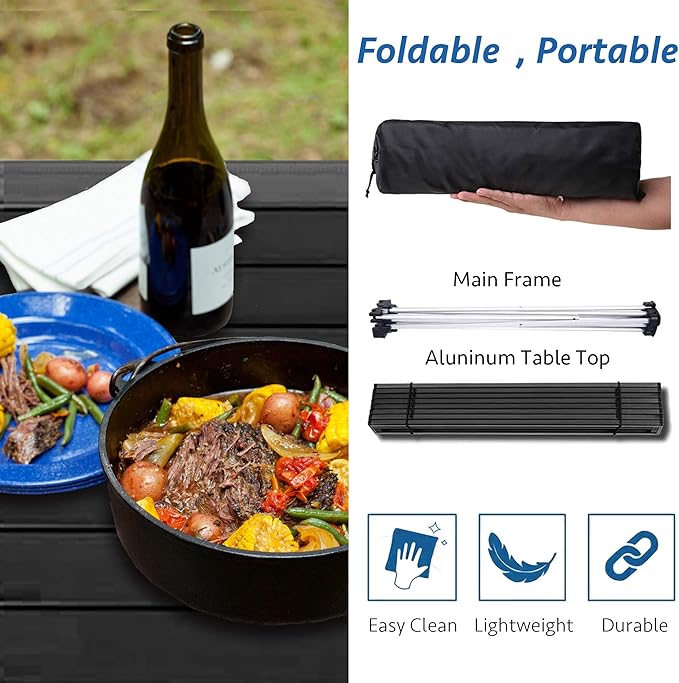 Grope Portable Camping Table with Aluminum Table Top, Folding Beach Table Easy to Carry, Prefect for Outdoor, Picnic, BBQ, Cooking, Festival, Beach, Home Use (Black-M)