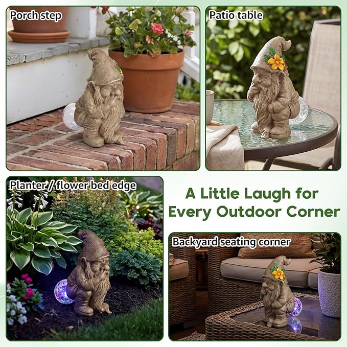 Lyeasw Solar Funny Garden Gnome Statue - Gnomes for Dad - Waterproof Outdoor Garden Sculpture Light for Yard, Porch, Patio & Balcony - Birthday Gift for Mom, Grandma & Garden Lovers