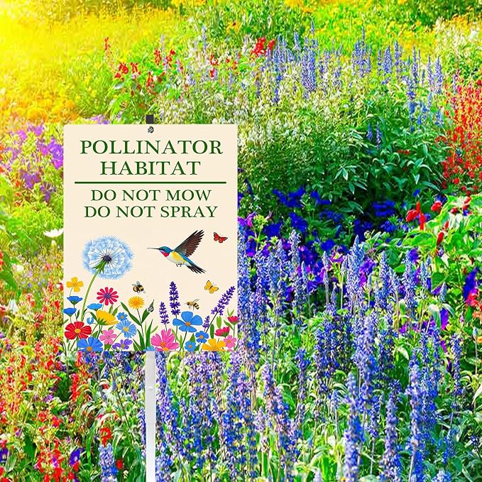 Pollinator Habitat Do Not Mow Do Not Spray Wildflower Yard Sign With Stakes Rustproof Reflective Aluminum Pollinator Friendly Garden Bee Butterfly Hummingbird Sign Stand Decorations Outdoor
