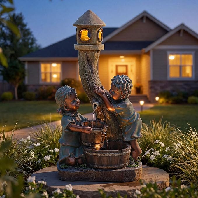 31" H Boy & Girl Outdoor Water Fountain with LED Lights, Faux Bronze Resin Statue Fountain, Wood Barrel & Pagoda Design, 3-Tier Cascading Waterfall for Serene Patio, Yard and Porch