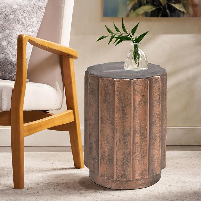 LuxenHome 18" Fiber Stone Outdoor Side Table, Bronze Finish Garden End Table, Round Porch Poolside Seating, Indoor Outdoor Use