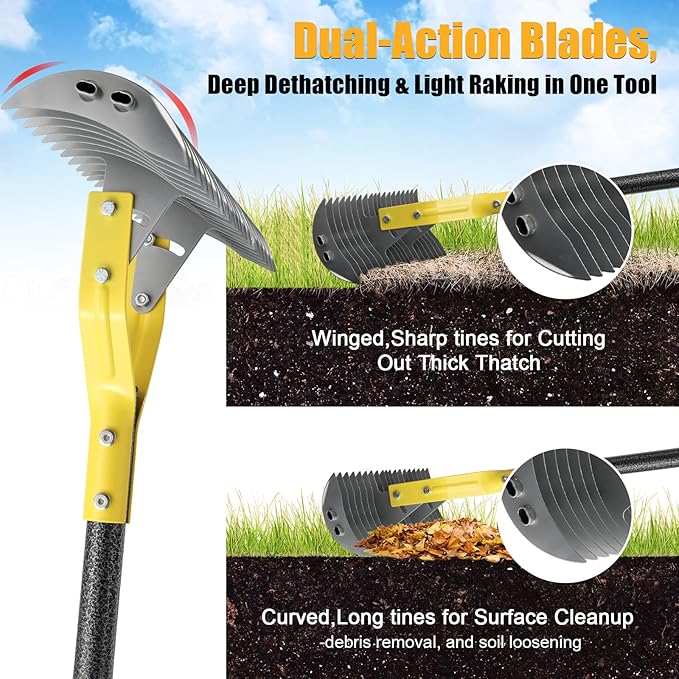 Dual-Action Thatch Rake for Lawn - Efficient 15" Thatching Rake with Sharp Dethatching Blade,Manual Dethatcher & Scarifier Tool for Dead Grass Removal,Soil Loosening,Garden Yard Lawn Care,55" Long