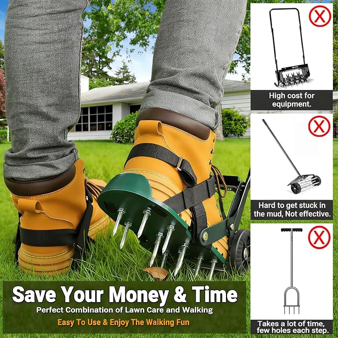 Lawn Aerator Shoes with Shovel & Gloves - 2.2" Heavy Duty Spikes, Adjustable Hook Loop Straps, One Size Fits All, Easy to Use Yard Garden Soil Aeration Tool for Men Women