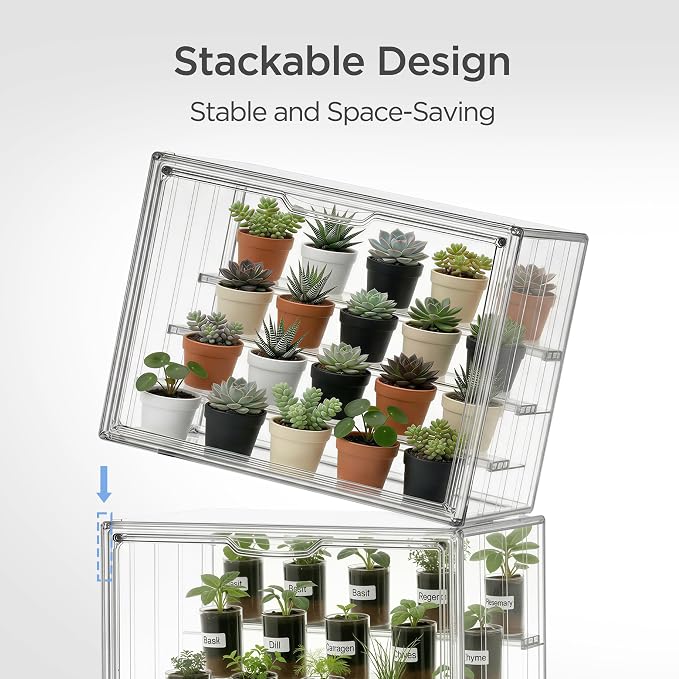 HBlife Mini Greenhouse for Indoor, Clear Stackable Green House with Magnetic Door & Adjustable Drainage Dividers, Tabletop Portable Greenhouse for Small Plants Nursery Germination and Display, 3 Pack