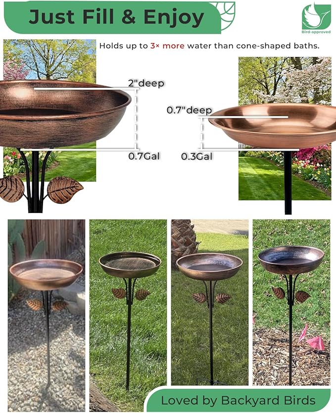 Metal Bird Bath for Outdoors, 12" Dia Bowl with Stable Upgrades Stake Birdbaths Garden Yard Lawn Decor 0.7 Gallon