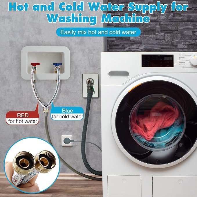 Dreyoo Hose Y Connector, 1 Ft Washing Machine Y Hose Split Stainless Steel, 3/4 Inch Brass Fittings, Hot and Cold Color Coded for Washing Machine Outdoor Faucets(4 Pcs)