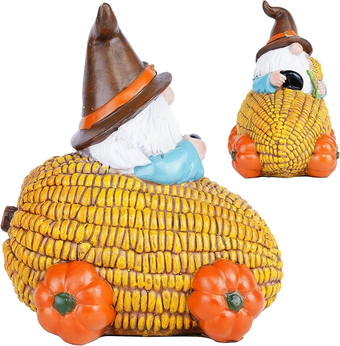 Topadorn Fall Gnome Corn Car Figurine, Resin Harvest Gnome Statue with Pumpkin Wheels, Thanksgiving Table Decoration, Farmhouse Autumn Decor for Indoor & Outdoor