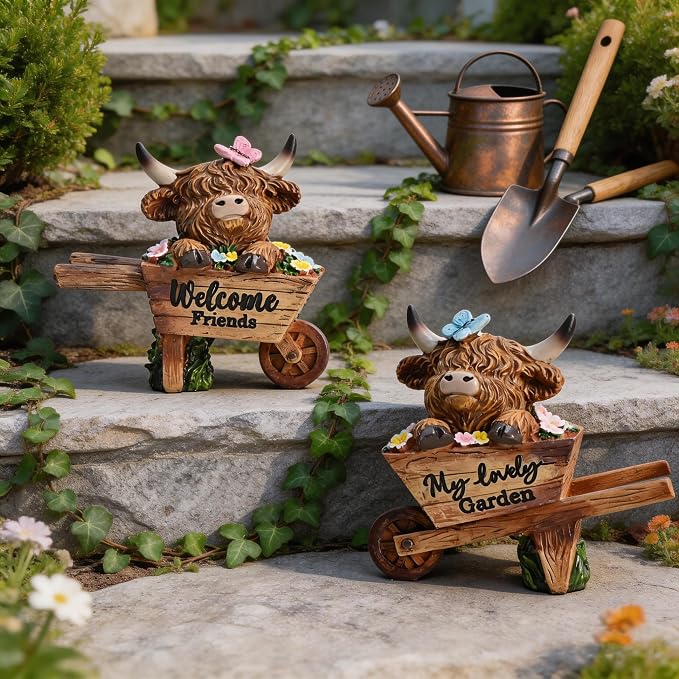 TERESA'S COLLECTIONS Garden Decor, Set of 2 Cute Highland Cows Sitting in Cart Garden Decor, Waterproof Resin Garden Statue, Highland Cows Gift, Garden Gift for Women Mom, Indoor/Outdoor