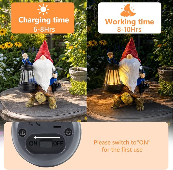 Solar Garden Gnome Statue with LED Lantern, Funny Gnome Riding Turtle Outdoor Decor for Yard Patio Lawn Balcony Porch, Waterproof Resin Gnome Figurine Home Decoration, Gifts for Women Mom Grandma
