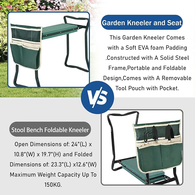 WFLNHB Garden Kneeler and Seat Stool Bench Foldable Kneeler Portable Garden Folding Stool with Tool Pouch and Soft Kneeling Pad