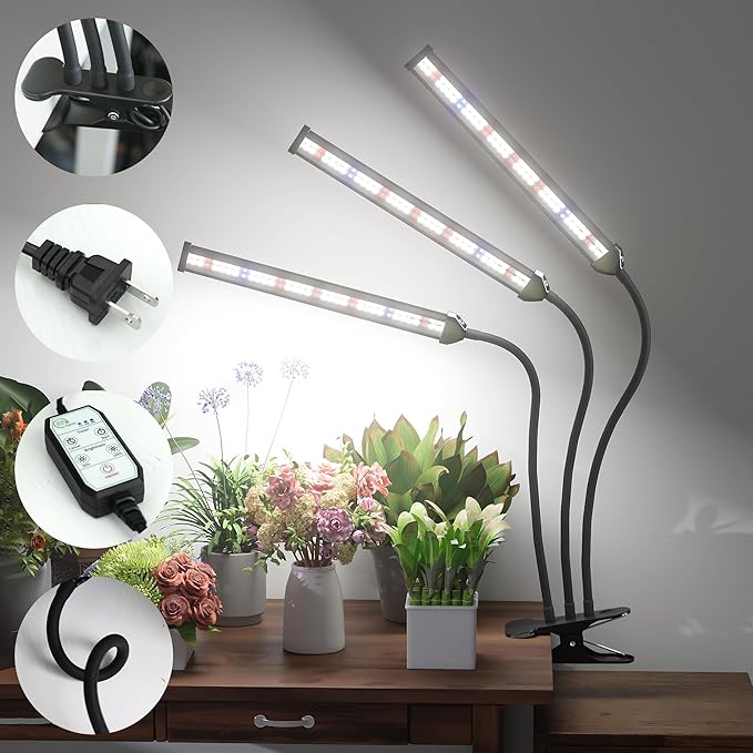 GooingTop Grow Light,24W (160Watts Equiv) 5000K White Full Spectrum LED Growing Lamp Clip on Desk for Indoor Plants,Bulbs Replaceable & Non-dimmable (Black, 120Watts)