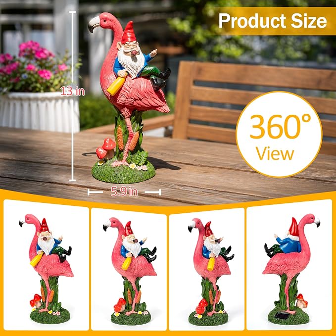 C&Y&G&X Middle Finger Gnome Riding Flamingo 13in, Funny Garden Statue Solar Powered Outdoor Yard Decor with LED Beer Bottle & Mushrooms, Waterproof Naughty Lawn Ornament Gag Gift for Patio, Porch