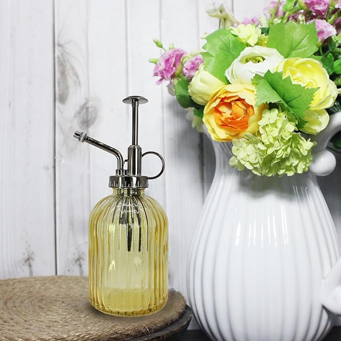 Glass Plant Mister Spray Bottle, 320ML Vintage Plant Spritzer with Top Pump Watering Can for Indoor Outdoor House Plants, Flowers (Yellow)