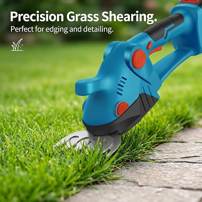 Cordless Grass Shears,2-in-1 Mini Hedge Trimmer,21V Handheld Grass Trimmer,Grass Trimmer with 2Pcs 1500mAh Batteries and Charger ＆Toolbox Electric Grass Shears for Garden, Lawn (Blue)