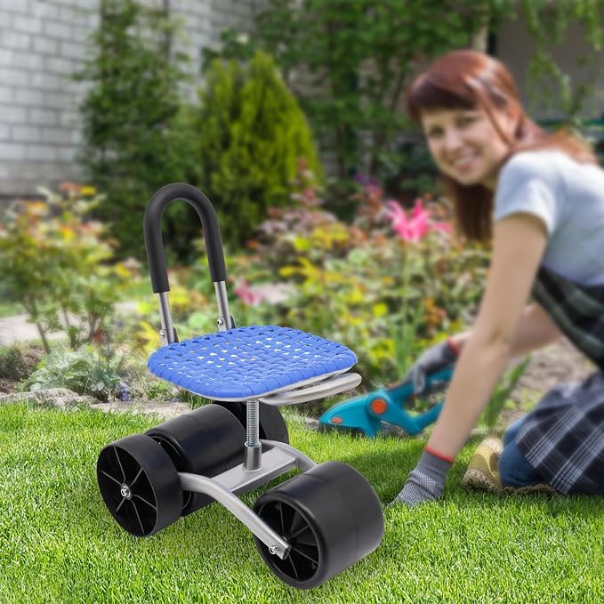 Garden Work Seat with Wheels, 360° Swivel Height Adjustable Rolling Garden Stool, Heavy Duty Garden Scooter with Galvanized Steel Frame for Planting, Picking, Weeding and Yard Work