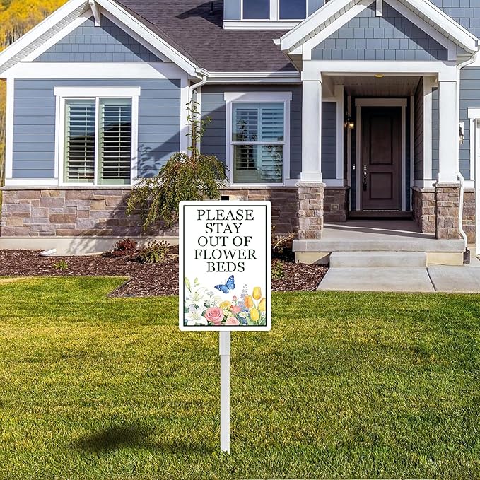 Please Stay Out Of Flower Beds Sign With Stakes Do Not Walk in Flower Bed Rustproof Reflective Aluminum Keep Off Pollinator Habitat Garden Yard Signs Outdoor 8x12 inches