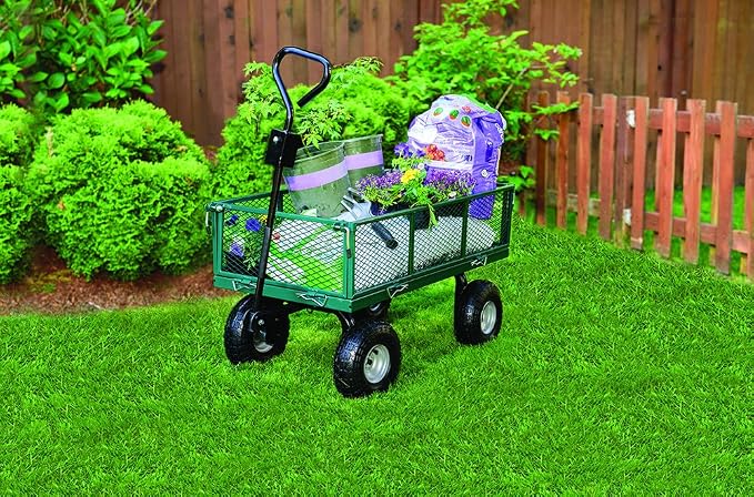 Garden Star 70107 Garden Cart/Utility Cart, Hinged/Removeable Sidewalls, Four 10-inch Wheels, Loop Handle with Convertible Hitch Attachment, Steel Powder-Coated Mesh Frame, 700-pound Capacity, Green