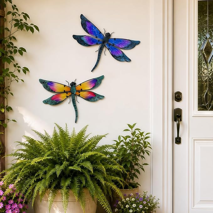 HONGLAND 2 Pcs Metal Dragonfly Decor, Dragonfly Outdoor Wall Decor, Metal Wall Art, Wall Sculptures Gifts Hanging Decorations for Garden Fence Yard Home-Orange&Blue