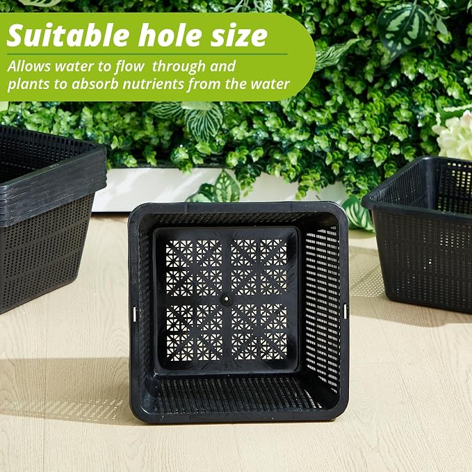 4 Pcs Aquatic Plant Baskets for Hydroponics Water Garden Plant Pots Black Plastic Mesh Basket 9 x 9 x 5.2 Inch Square Pond Containers for Island Live Aquarium Botany Flowers