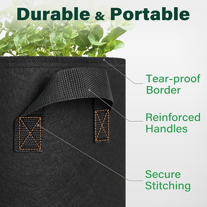 LotFancy 5 Pack 5 Gallon Grow Bags, 300G Thickened Nonwoven Fabric Pots with Reinforced Handles, Heavy Duty Aeration Planter Bags for Vegetables Flowers Fruits, Black