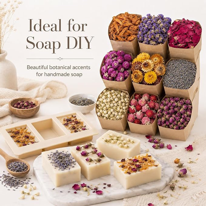 Sukh Dried Herbs Kit - Dried Botanicals Bulk,9 Bags Natural Dry Flowers and Herbs for Soap,Candle,Perfume,Bath Bombs,Resin Jewelry Making Supplies,Fragrance Sachet DIY and Witchcraft