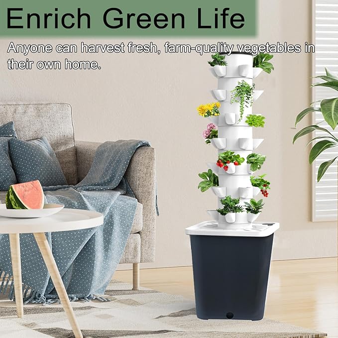 Hydroponics Tower Indoor Growing System Vertical Garden Planter Indoor Smart Garden Kit with Pump and Movable Water Tank Vegetable Plant Gift for Gardening Lover (Gray)