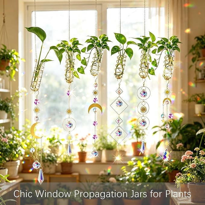 HDCRYSTALGIFTS 4Pcs Crystal Suncatchers with Propagation Stations,Glass Wall Planters for Indoor Plants Hydroponics - Propagation Tubes Jars with Sun Catchers Metal Chain for Home Whimsical Decor