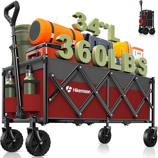 Hikemoon 34'' Extra Long Collapsible Wagons Carts Foldable, 360LBS Heavy Duty Folding Beach Wagon with Wheels, Portable Utility Outdoor Cart for Grocery, Garden, Sports, Camping, Red & Grey