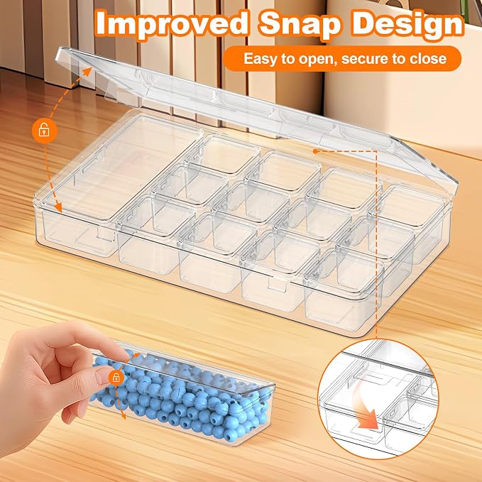 Bead Organizer Box, 2 Pack Small Clear Plastic Storage Containers Features Hinged Lid and Labels, Craft Storage Box for Jewelry, Diamonds, Clay Beads, Bracelets, Screws, Seeds, Small Parts