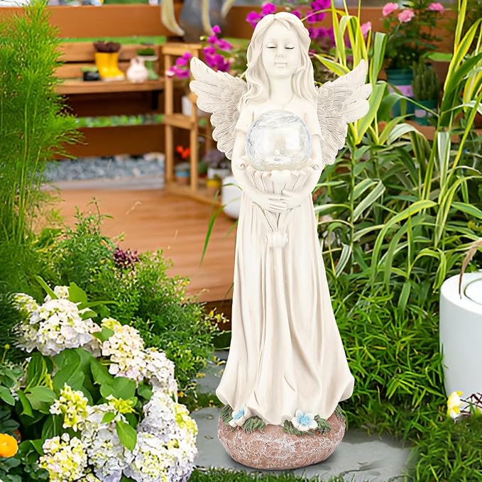Angel Statue for Garden - 16.3 inches Guardian Solar Garden Statues with Solar Lights, Angel Figurines Gardening Gifts for Mother Grandma Lawn Outdoor Ornaments Figurines for Outdoor Decor