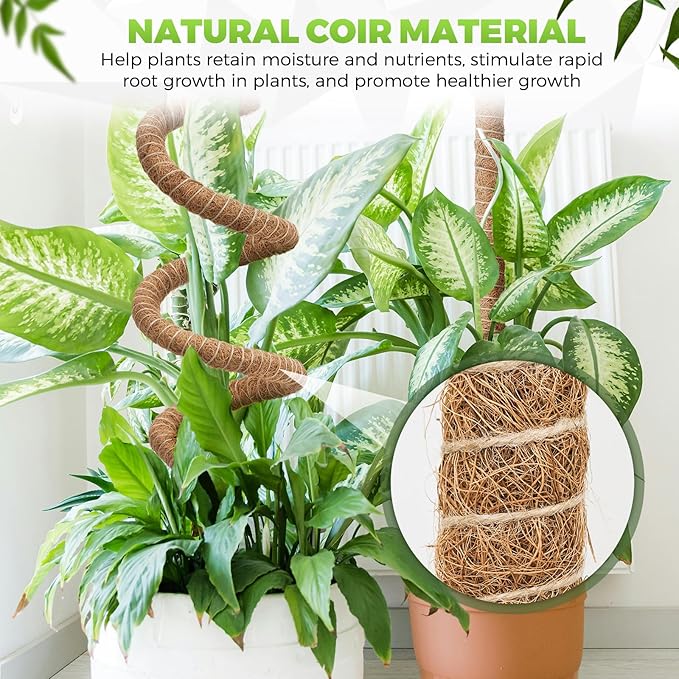 2 Pack Monstera Plant Support 50 Inch Moss Pole Bendable Monstera Support Tall Handmade Moss Poles for Climbing Plants DIY Aluminum Plant Support Stakes Indoor Grow Upwards Coco Coir Plant Stick Kit