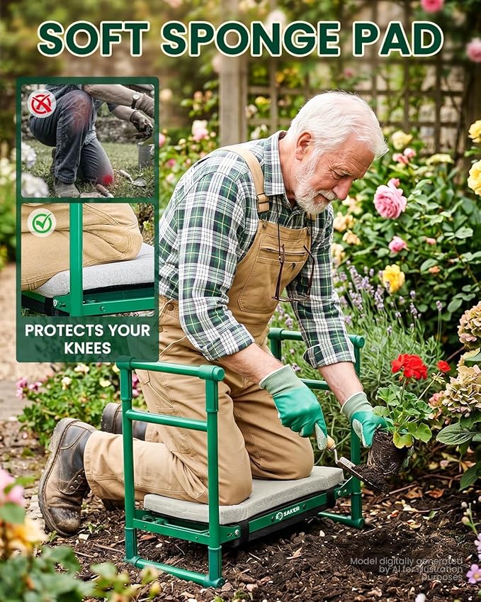 Saker 2026 Upgraded Garden Kneeler and Seat - Gardening Bench Gardening Stool with 500LB Heavy Duty Round-Tube Frame, Soft Kneeling Pad Foldable Support for Elderly, Gardening (Luxury Version)