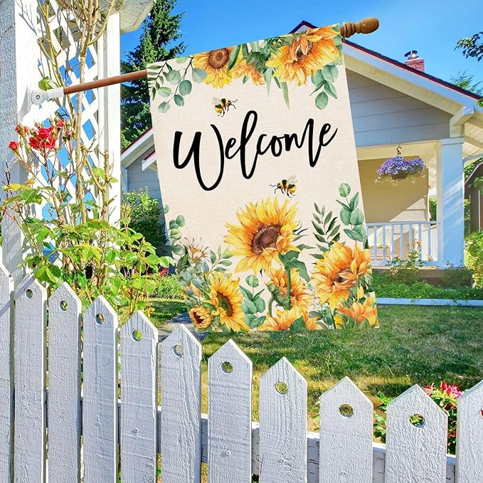 Baccessor Sunflower House Flag Spring Summer Bee Eucalyptus Leaves Welcome Flag 28 x 40 Inch Double Sided Burlap Yard Large Outside Decor