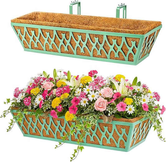 2 Pack 24 Inch Window Boxes Planters Railing Planter Box with Adjustable Brackets for Porch Fence Patio Balcony Hanging Flower Baskets with Coco Liners for Outdoor Garden Decor - Green