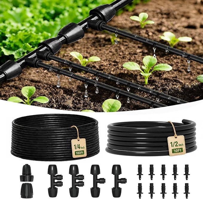 MIXC 1/4" Irrigation Dripline Tubing Kit (100 Ft Roll) with 10Ft 1/2" Main Line, Saving 80% Water, 6" Emitter Spacing, 0.5GPH Emitters Built-in Drip Irrigation Line with 1/4" Push-to-Connect Fittings