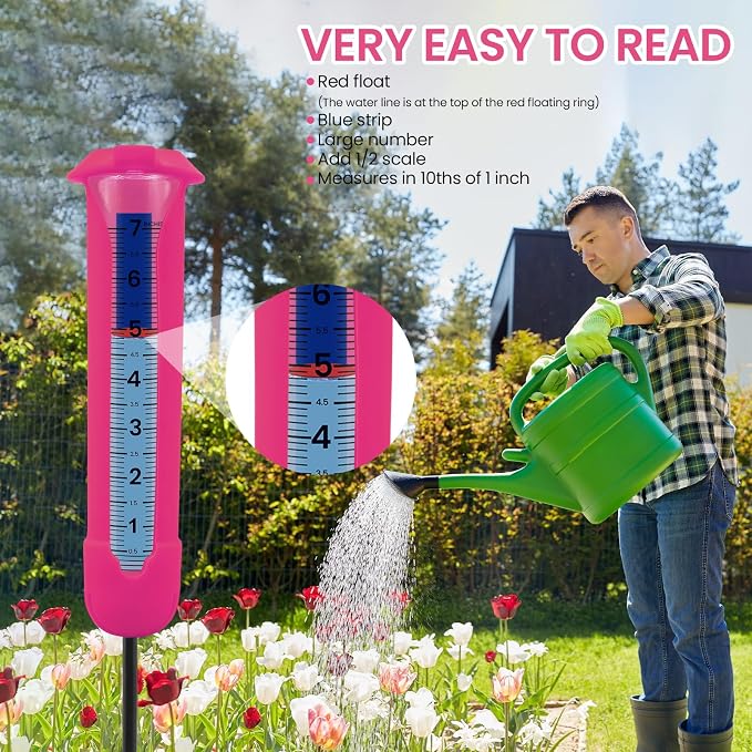 Upgraded Rain Gauge Outdoor, Freeze Proof Rain Gauge with Silicone Cover & Levelling, Large Clear Numbers and Adjustable Height Decorative Rain Measure Gauge with Float Marker for Yard, Garden, Lawn