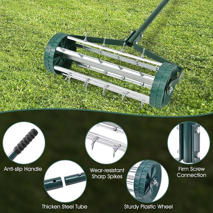 Hysache Rolling Lawn Aerator, 18" Rotary Push Tine Spike Soil Lawn Aerator Gardening Tool with 3-Piece Long Steel Handle for Garden Yard Grass Maintenance, Green