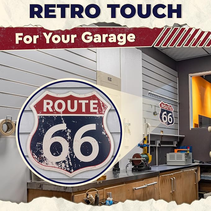 Route 66 Sign - Easy to Hang Tin Signs Vintage Style 12×12 Inch | Route 66 Decor For Bedroom, Man Cave, Garage, Workshop, Bar, Cafe - Retro Road Signs Cars Wall Decor for Gifting and Party Decoration