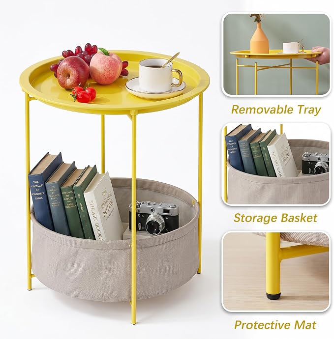 VECELO Round Side/End Table with Fabric Storage Basket，Metal Anti-Rust and Waterproof Small Bedside Nightstand with Removable Tray Top for Living Room，Balcony & Laundry，Yellow /2pcs with Basket
